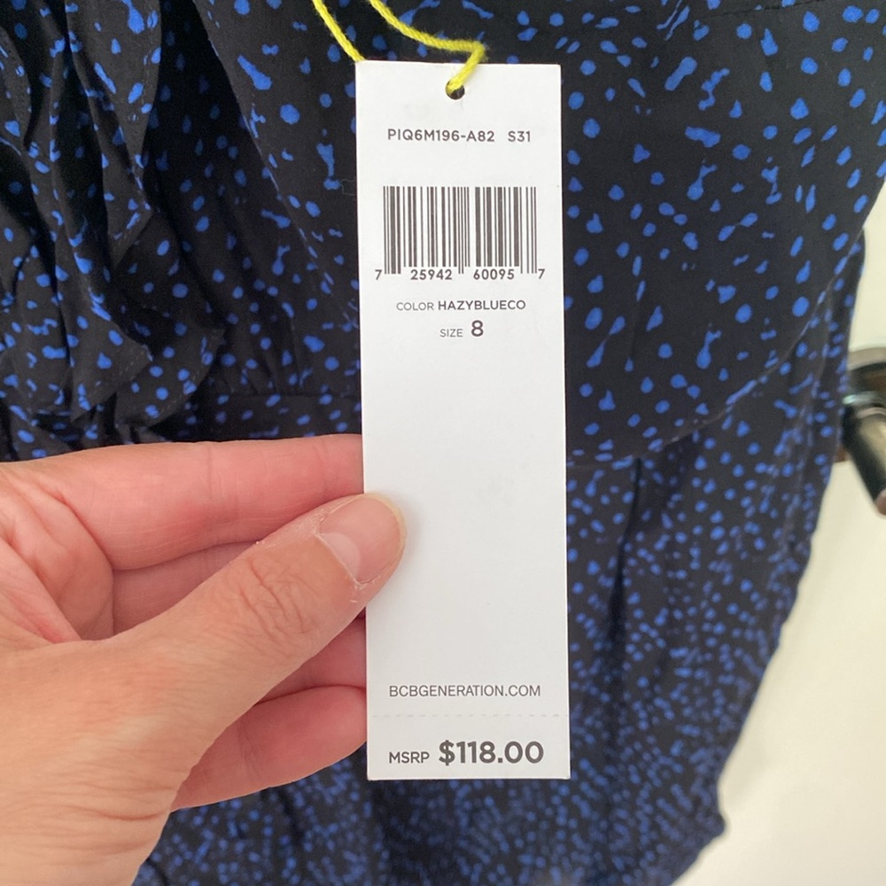 BCBGeneration One Shoulder Black Dress with bright blue dotted pattern